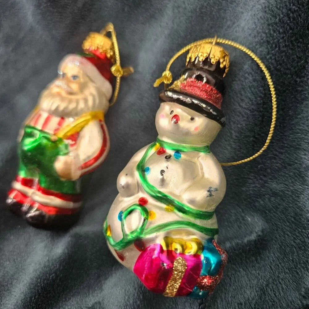 Vintage G. D. Blown Glass Santa & Snowman Christmas Tree Ornaments Set of 2